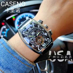 caseno酒桶型陀飞轮自动机械表精神小伙星期日历长方形多功能手表