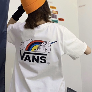 正品美版万斯范斯男女情侣款彩虹独角兽纯棉印花宽松圆领短袖t恤