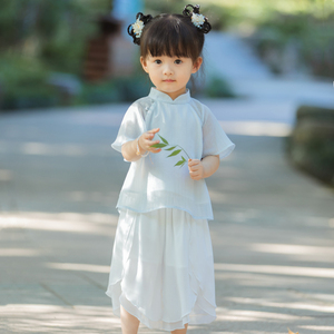汉服女童2024新款夏季小女孩古风唐装采茶服装儿童女宝中国风短袖