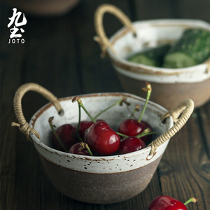九土日式粗陶餐具迷你复古碗盆家用果菜盆凉菜盆简约手工陶瓷食器
