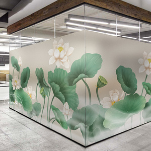 新中式荷花办公室玻璃贴膜书法字画图案隔断禅意中国风磨砂静电贴