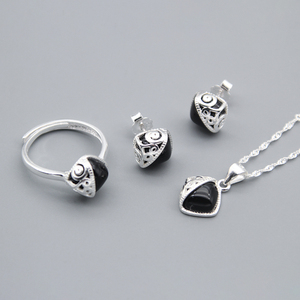 民族风小巧简约蒙古元素925925三件套套装藏族戒指首饰镶嵌宝石