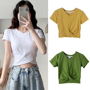 白色短袖t恤女短款修身褶皱卡腰高腰露肚脐v领小心机设计感上衣潮