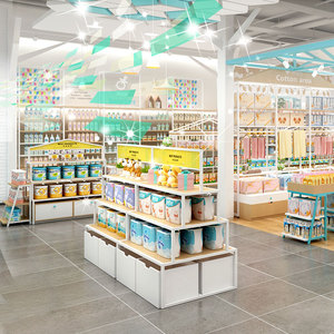 优呈母婴店婴儿用品货架奶粉纸尿裤玩具展示柜店铺布局效果图设计