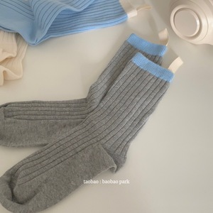 春日气息 小众基础拼色灰蓝堆堆袜韩国ins布标学院中筒袜基础女袜