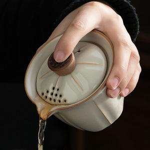 米黄汝窑盖碗茶杯大号单个不烫手手抓壶功夫茶具泡茶壶泡茶杯定制