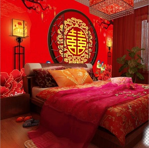 中式婚礼背景墙布婚房装饰酒店场景布置传统拜堂龙凤囍字喜庆壁纸