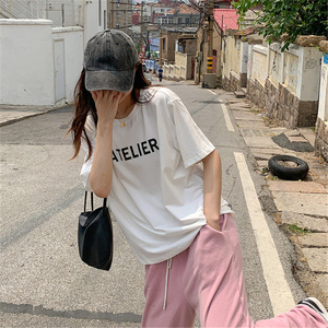 港风oversize短袖t恤女宽松ins潮中性原宿风chic韩系正肩半袖上衣