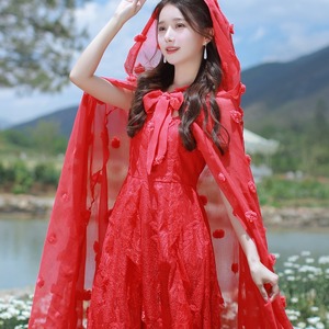 红色吊带连衣裙夏季云南丽江旅游民族风沙漠长裙防晒复古披风仙女