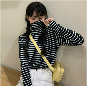韩版长袖半高领打底衫冬季宽松显瘦黑白条纹卫衣女套头学生t恤女