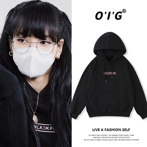 lisa同款blackpink字母潮牌黑色连帽卫衣女春秋薄款美式街头外套