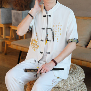 中国风套装男士韩版冰丝复古唐装汉服夏季新品休闲短袖衬衣T恤男