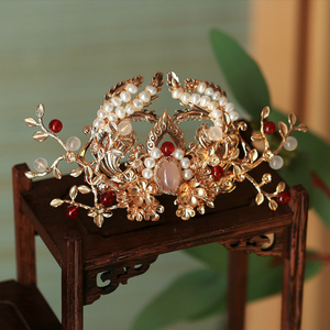 原创古风发冠女汉服束发珍珠玛瑙发饰凤凰明制铸铜保色金