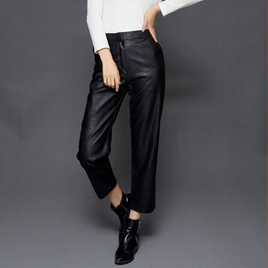 kvka新款高腰真皮裤女阔腿九分裤外穿绵羊皮直筒休闲西裤大码加绒