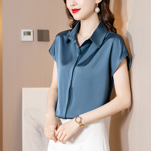 冰丝缎面衬衫女士夏装洋气设计感纯色衬衣高级感气质短袖抗皱小衫