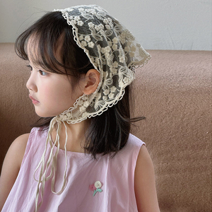 儿童头巾法式外出拍照蕾丝花朵帽子女童三角巾包头可爱小女孩出游