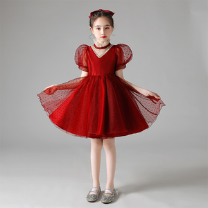 女童礼服公主裙小女孩红色蓬蓬裙花童合唱主持人儿童高端连衣裙春