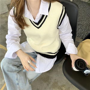宽松白色衬衫女春秋设计感小众长袖上衣搭配针织马甲背心两件套装