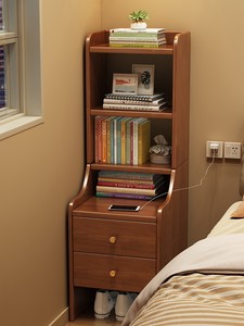 齐昱实木高款床头柜带书架置物架一体简约多功能极窄床边收纳柜子