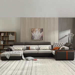 全友家居现代时尚u型皮布结合镶嵌实木混搭丝绸可调节头枕沙发