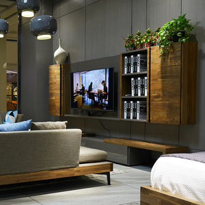 杜派 胡桃木电视柜高低柜背景墙柜组合现代简约风格客厅成套家具