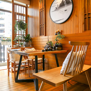 懒猫木阳台设计改造茶室书房防腐实木地板墙板木休闲空间整体改造