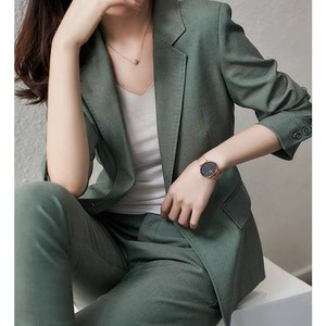 崔希丝职业套装女2021秋冬新款豌豆绿西装外套西裤面试时尚小西服