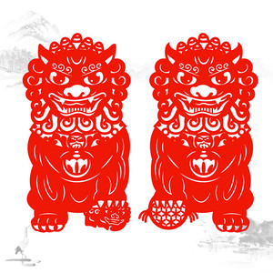 狮子贴纸剪纸窗花古典红色植绒布石狮门贴画喜庆布置带可移胶