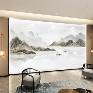 新中式水墨电视背景墙纸卧室壁画灰色山水画黑白壁纸墙布定制图案