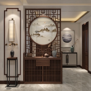新中式屏风隔断客厅进门入户现代简约储物玄关柜镂空格栅木质遮挡