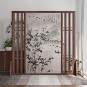 新中式屏风隔断客厅玄关简约现代办公室竹子布艺遮挡装饰移动座屏