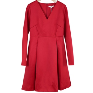 卡洛琳春新年红V领长袖连衣裙高腰赫本风长裙纯色红色优雅气质现
