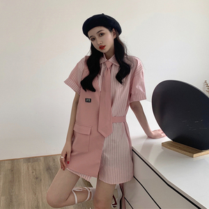 马甲衬衫裙两件套装小清新甜美连衣裙子女夏约会桔梗裙初恋小个子