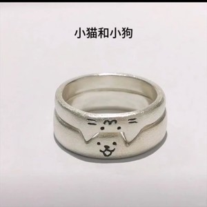 s925纯银戒指小猫和小狗可刻字情侣对戒叠加可爱不掉色送女友礼物