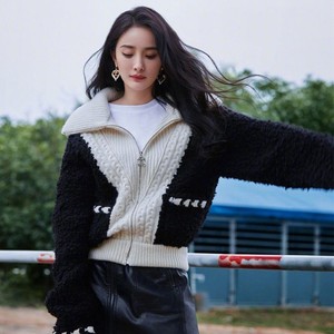 欧洲站2021秋冬杨幂明星同款小香风针织开衫黑白拼色毛衣外套女潮