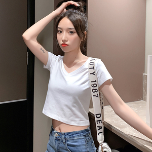 露脐上衣女短袖t恤白色短款修身2022年夏季新款韩版高腰露肚脐装