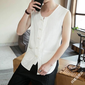 中国民族风亚麻无袖唐装马甲背心男秋季复古对襟盘扣中式马褂汗衫