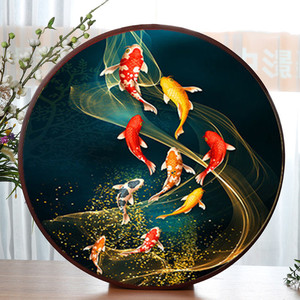 蒙娜丽莎印花十字绣 招财九鱼图 小幅满绣客厅简约现代圆形绣线画