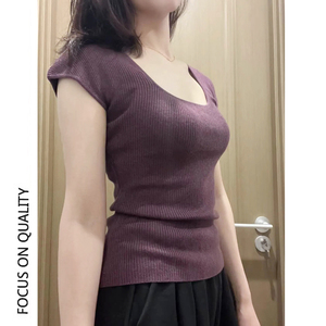 纯欲U领针织短袖t恤女夏2024新款茶艺修身正肩紫色低领显身材上衣