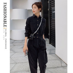 黑色牛仔工装长袖连体裤女2022春季新款宽松收腰显瘦减龄连衣裤潮