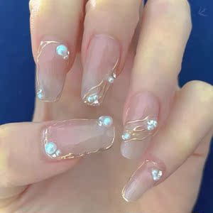 巴洛克穿戴甲珍珠美甲法式手工定制婚纱照新娘婚甲孕妇指甲贴片a3
