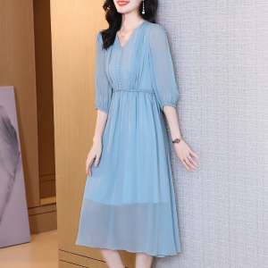 真丝连衣裙夏季女装2022新款高端气质大牌高级感桑蚕丝v领长裙子季