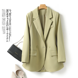 绿色西装外套女2024年春秋新款双排扣休闲百搭设计感小众气质西服