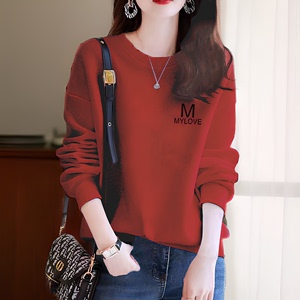 大红色纯棉卫衣女春季外穿2024新款圆领韩版洋气中年妈妈减龄上衣