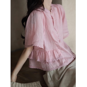 韩版粉色减龄设计感衬衣小衫女夏季新款甜美花边苎麻清爽圆领衬衫