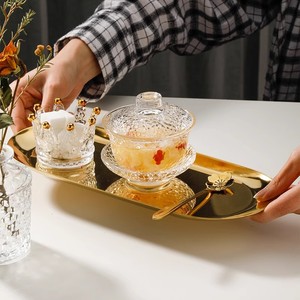 无铅玻璃带盖燕窝盅浮雕玻璃甜品碗套碗透明家用套装水晶纹中式
