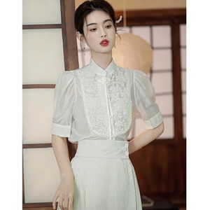 马面裙上衣搭配夏季新中式国风立领古装汉服刺绣短袖衬衫气质女装