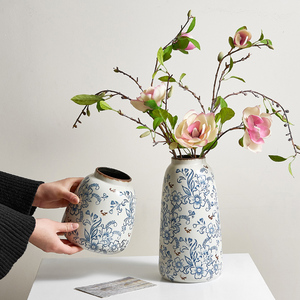 复古陶瓷花瓶做旧斑驳青花瓷新中式客厅茶桌水养鲜花插花装饰摆件