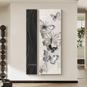 简约现代玄关装饰画黑白蝴蝶客厅双联壁画抽象肌理感走廊过道挂画