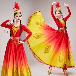 新疆舞蹈服装演出服女成人新款维吾尔族舞大摆裙连衣裙民族风套装
